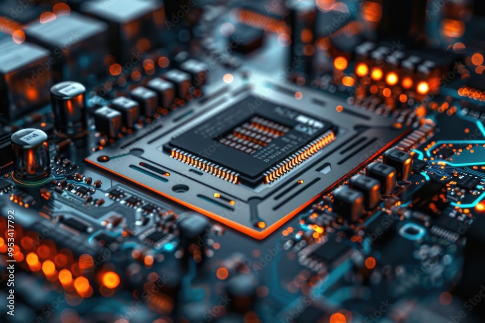 A close-up shot of a computer motherboard, useful for tech-related projects and illustrations