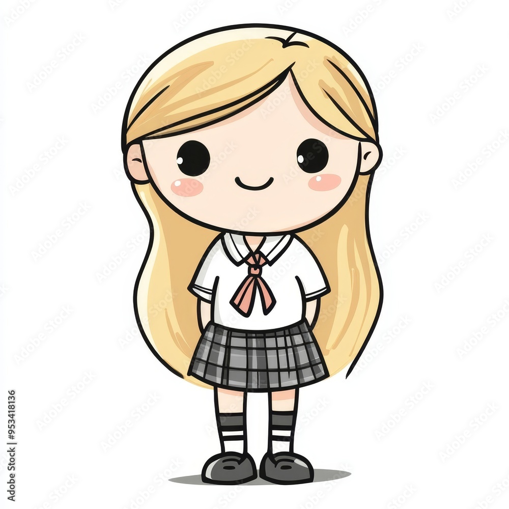 Cute cartoon school girl character standing on a white background in a simple doodle style Cute cartoon school girl character standing on a white background in a simple doodle style