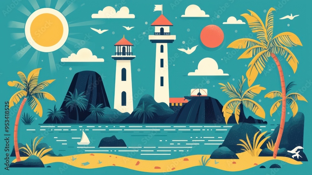 Obraz premium Retro Beachside Paradise Illustration Set - Iconic Landmarks and Attractions in Flat Design