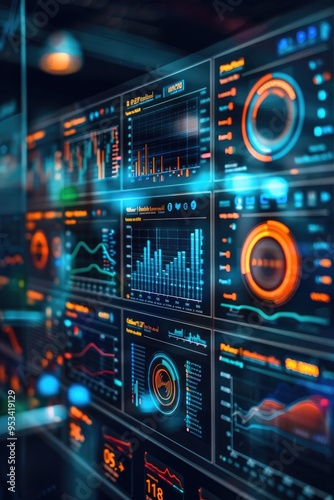 Futuristic Digital Interface with Data and Graphs