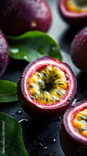 Fresh ripe passion fruits and a half with leaves isolated on dark background. tropical fruit maracuja. ackground for food commercial photo