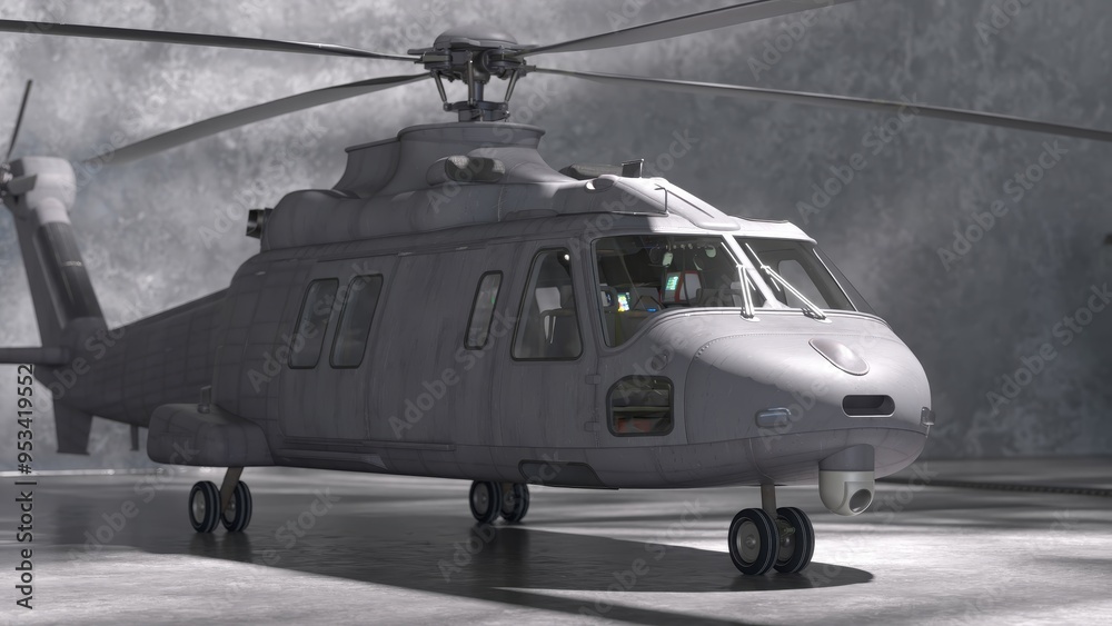 3d rendering of a military helicopter in a dimly lit concrete garage, viewed from the side angle 3d rendering of a military helicopter in a dimly lit concrete garage, viewed from the side angle