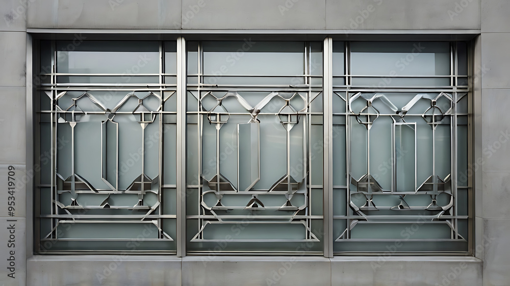Geometric modern window with frosted glass panes, sleek metal borders, isolated on a light gray background Geometric modern window with frosted glass panes, sleek metal borders, isolated on a light gray background