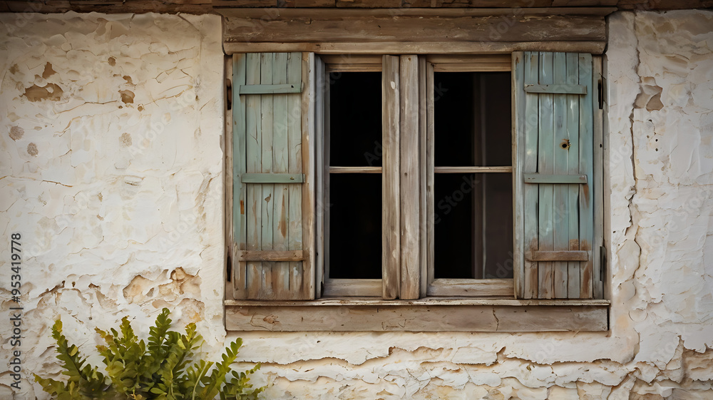 Fototapeta premium Rustic farmhouse window with chipped paint, wooden shutters, placed against a weathered white wall background