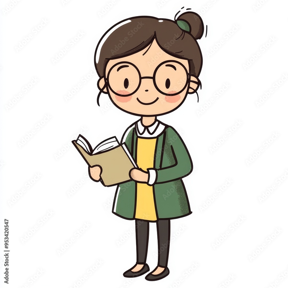 Cute cartoon school teacher reading in a classroom setting with a cheerful expression Cute cartoon school teacher reading in a classroom setting with a cheerful expression