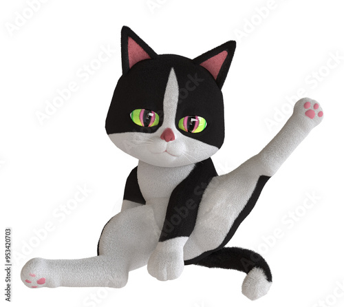 Cat cartoon sit leg up posture on transparent background, 3d render