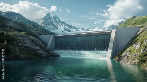 water dam power plant, alpine climate, green, renewable energy photo