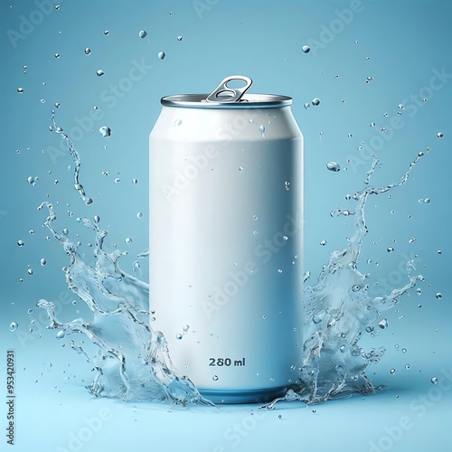 Blank aluminum can with water drops mockup view on blue background