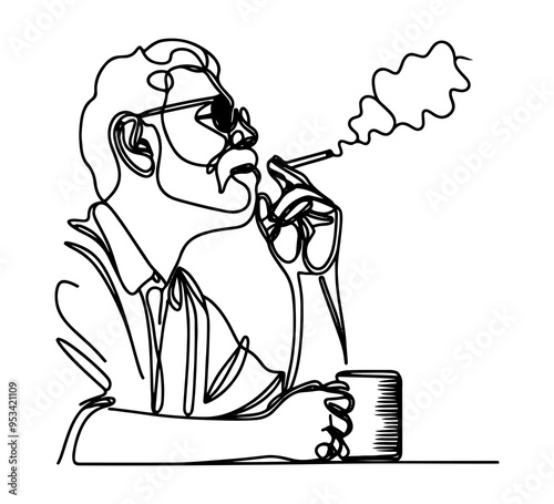 old man smoking cigarette continuous line drawing