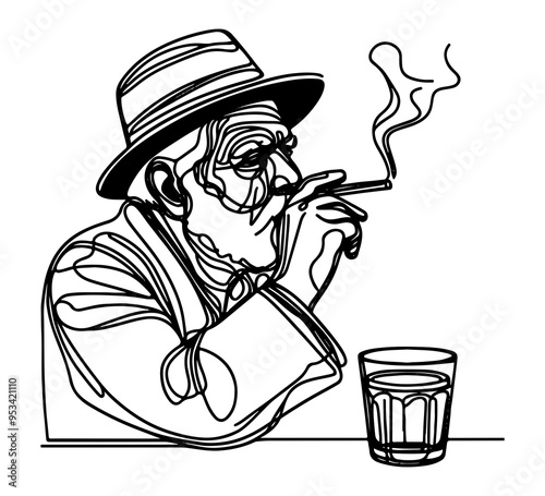 old man smoking cigarette continuous line drawing