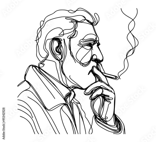 old man smoking cigarette continuous line drawing