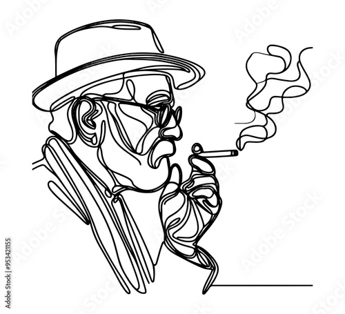 old man smoking cigarette continuous line drawing