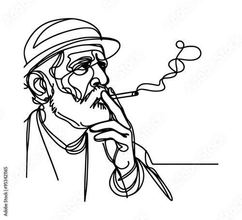 old man smoking cigarette continuous line drawing