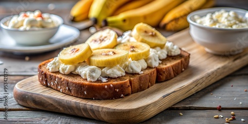  Whole wheat bread topped with cottage cheese and sliced bananas, brain-boosting breakfast, healthy and delicious. photo