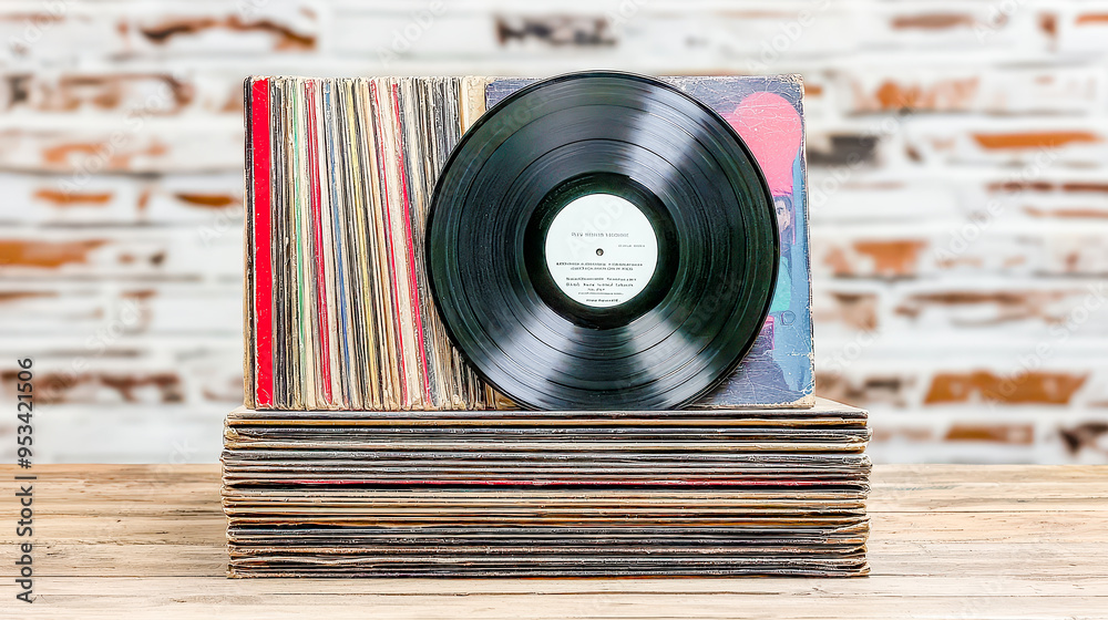 Fototapeta premium Vintage Vinyl Treasures A Nostalgic Collection of Old Records from the 1970s Capturing the Essence of a Bygone Musical Era