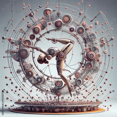  Kinetic art of a girl acrobat in a ring pose with moving parts