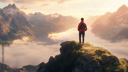 Solitary hiker overlooking misty mountain sunrise