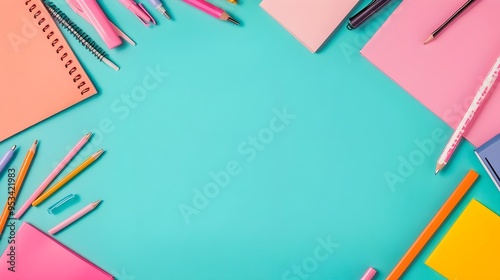 Blue Background School Supplies Flat Lay