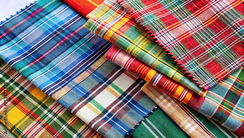 Vibrant, colorful Madras fabric swatches with intricate patterns and textures, showcasing a mix of traditional and modern designs on a crisp white background.