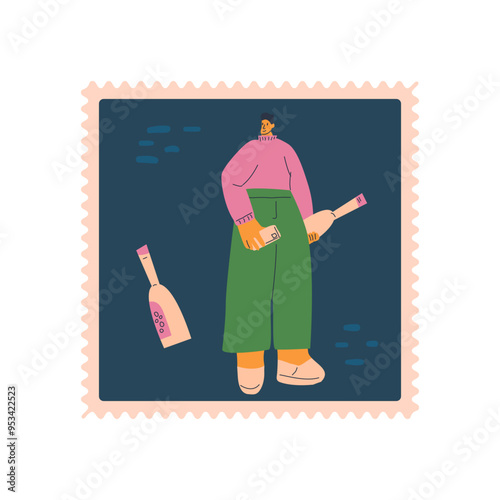 Wine lover postal stamp isolated on white background. Stylized young male character with wine square sticker. Vector hand drawn illustration