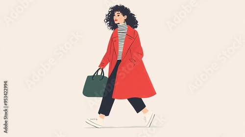 Stylish woman in red coat: Modern urban illustration