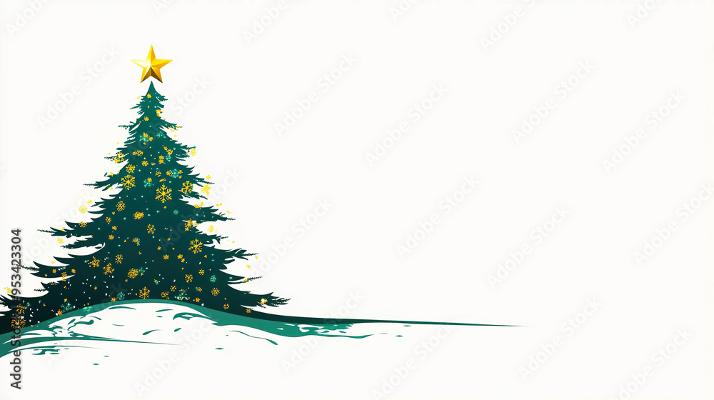 A green Christmas tree with a gold star on top stands in a snowy landscape. Generated with AI. A green Christmas tree with a gold star on top stands in a snowy landscape. Generated with AI.