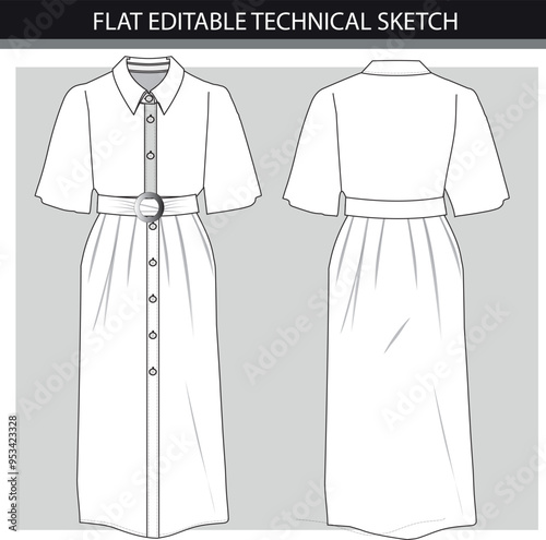 Placket button up shirt long dress with belt flat sketch.