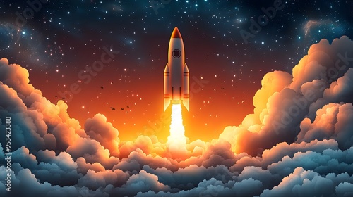 Rocket Launch: Symbolizing a startup’s takeoff, with a rocket blasting off into the sky, representing new beginnings and growth. photo