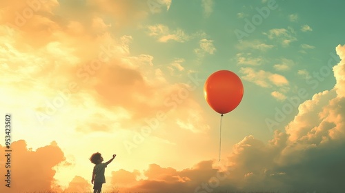 Joy represented by a child reaching for a floating balloon in a cloudy sky (copy space, innocent happiness, dynamic, Overlay, playground backdrop)
