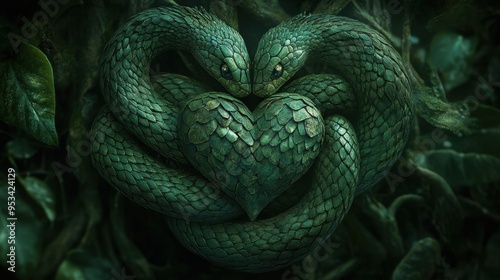 Jealousy depicted as a green snake coiled around a heart (focus on, envy and desire, ethereal, Multilayer, dark forest backdrop)