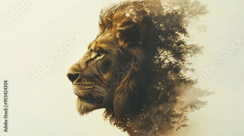 Inner strength symbolized by a lion's face subtly blending into a person's face (focus on, courage, realistic, Double exposure, savanna backdrop) photo