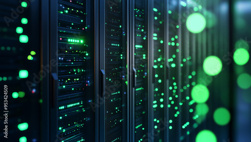 A close-up view of the back side of two rows of server cabinets, featuring green lights glowing from the front panels of each cabinet