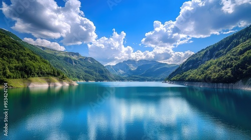 High-definition scenery, 1 mountain lake, blue lake water, blue sky and white clouds, 4K ultra-clear, natural style, real, sunlight