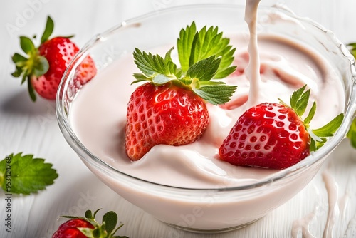 fresh strawberries splashing into creamy milk or yogurt, cut out