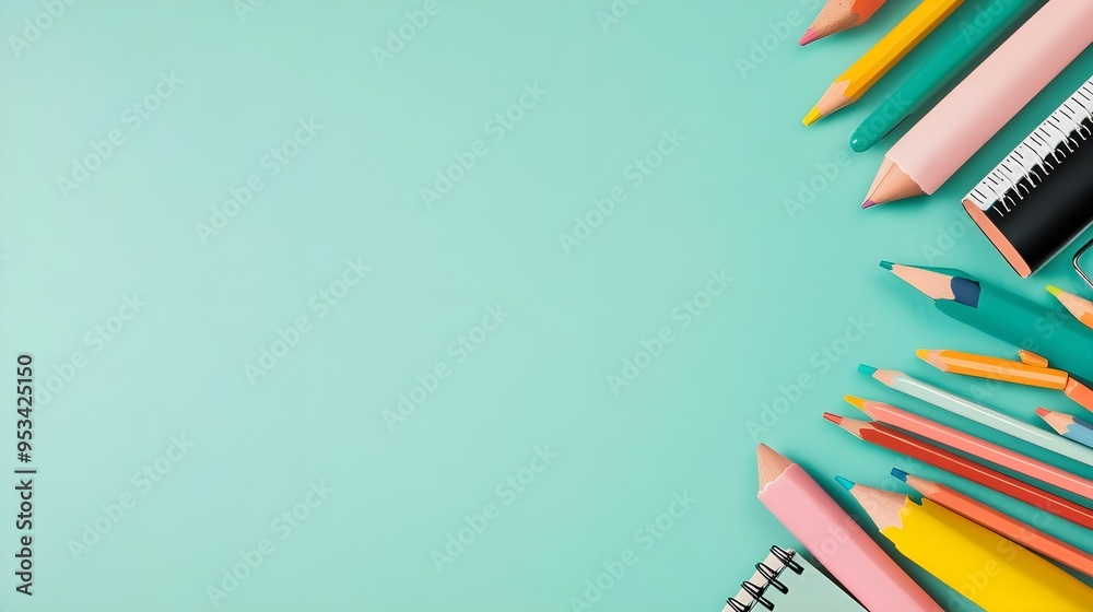 Fototapeta premium Colorful Pencils & Notebook on Teal Background - Back to School