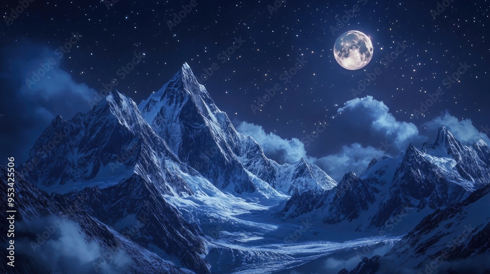 Ice and snow peaks shining in the moonlight Ice and snow peaks shining in the moonlight