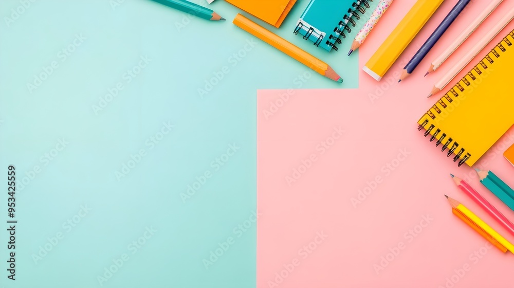Colorful Pencils and Notebooks on Pastel Background Colorful Pencils and Notebooks on Pastel Background