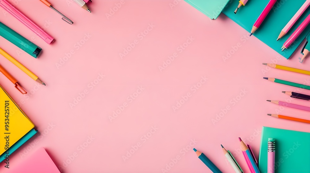 Fototapeta premium Colorful Pencils and Papers on Pink Background