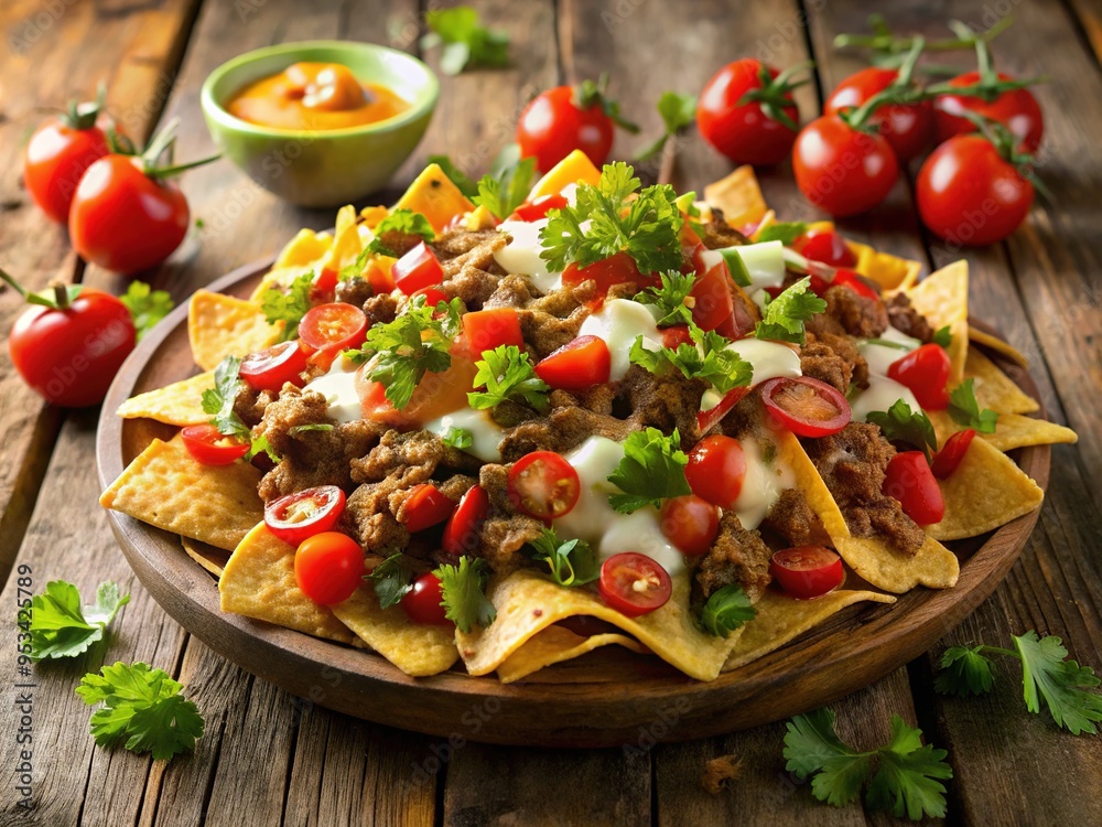 Vibrant, mouthwatering nachos overflowing with melted cheese, savory beef, fresh tomatoes, and crisp tortilla chips, perfectly arranged on a rustic wooden table. Vibrant, mouthwatering nachos overflowing with melted cheese, savory beef, fresh tomatoes, and crisp tortilla chips, perfectly arranged on a rustic wooden table.