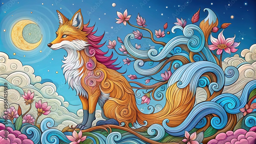 Obraz premium Vibrant, mystical fox with nine tails and crescent moon horns, surrounded by swirling clouds and cherry blossoms, awaits coloring on a whimsical, intricate illustration.