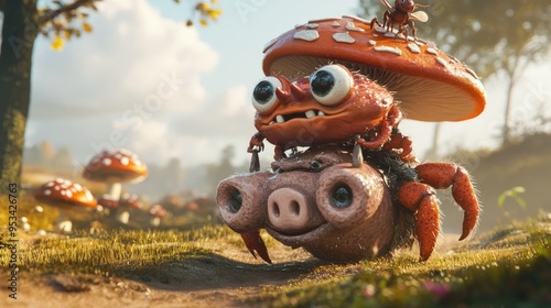 In the huge mushroom world, the Crab General rides a pig mount and confronts the Ant Duke photo