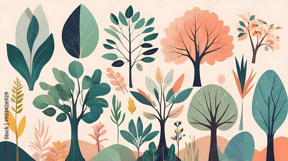 A collection of various plant species, each with unique shapes and colors, intertwined to form a symbolic tree of diversity on a soft, pastel background. A collection of various plant species, each with unique shapes and colors, intertwined to form a symbolic tree of diversity on a soft, pastel background.