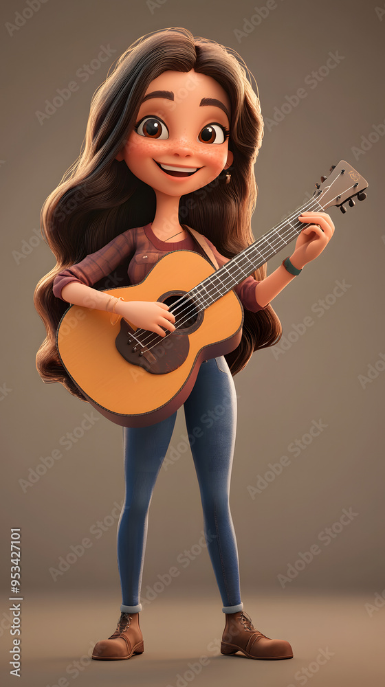 3D cartoon render cute musician woman playing with guitar. 3d musician. Girl with brown hair. Illustrations 3D cartoon render cute musician woman playing with guitar. 3d musician. Girl with brown hair. Illustrations