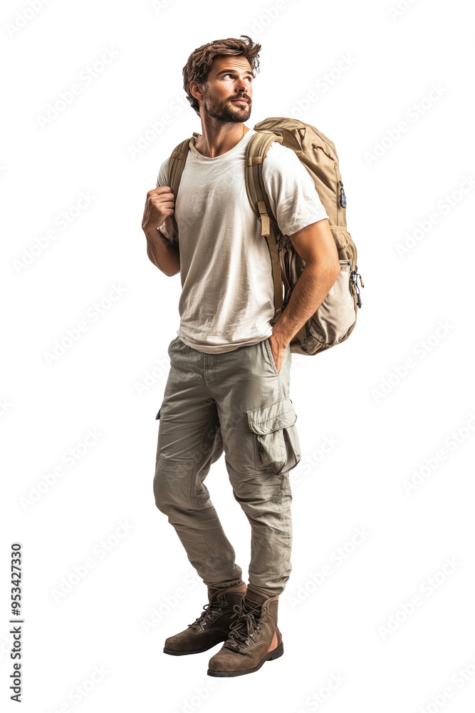 Caucasian Solo Traveler in Casual Travel Clothes Holding Backpack, Preparing to Explore Tuvalu, Isolated on Transparent Background, Capturing Independence and Adventure Caucasian Solo Traveler in Casual Travel Clothes Holding Backpack, Preparing to Explore Tuvalu, Isolated on Transparent Background, Capturing Independence and Adventure