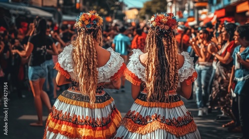 Two beautiful women in traditional folk costumes with intricate braided hair, strolling through an American town during the day. The woman on the right, taller with a long black ponytail, and both wea photo