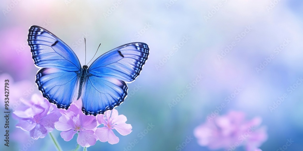 butterfly with big blue wing sitting on purple flower with blur background butterfly with big blue wing sitting on purple flower with blur background