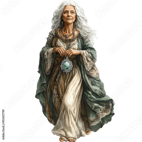 A woman in a green robe holding a crystal ball. She is walking and she is a witch