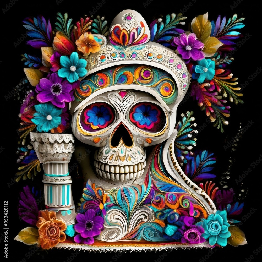 Elaborate Dia de los Muertos skull adorned with colorful floral accents, detailed patterns, and vibrant decorations, symbolizing Mexican cultural heritage. Elaborate Dia de los Muertos skull adorned with colorful floral accents, detailed patterns, and vibrant decorations, symbolizing Mexican cultural heritage.