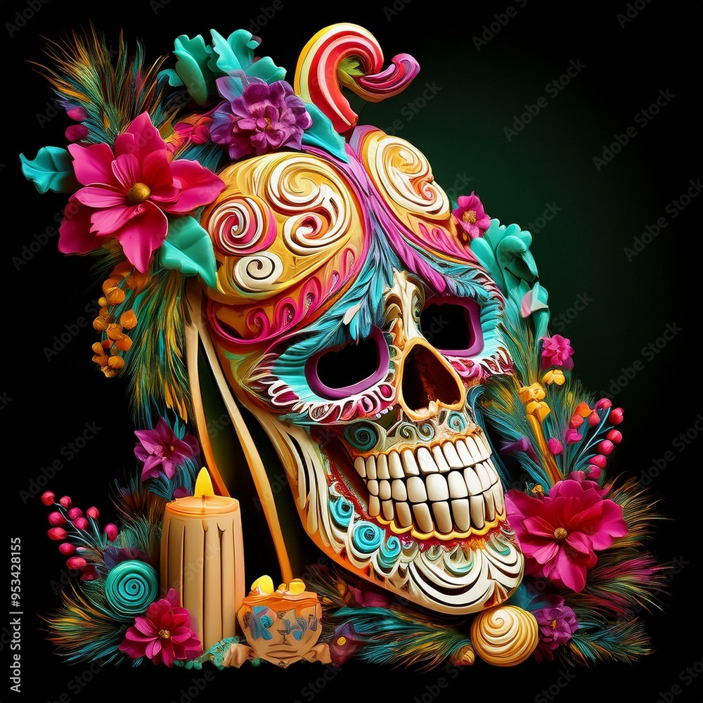 Intricate Dia de los Muertos skull adorned with colorful floral decorations and surrounded by candles, symbolizing Mexican cultural heritage and celebration. Intricate Dia de los Muertos skull adorned with colorful floral decorations and surrounded by candles, symbolizing Mexican cultural heritage and celebration.