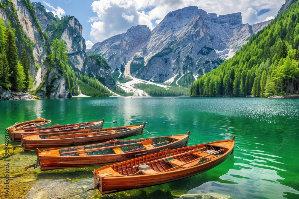 Serene Mountain Lake with Boats Serene Mountain Lake with Boats
